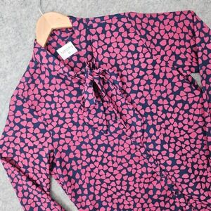 Compania Fantastica Blouse Women's XL Pink Navy Heart Print Tie Neck Long Sleeve